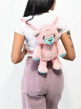 A. Lab pink  Plush Bear red studded Backpack for Women - Cute Soft Teddy Bag EDC